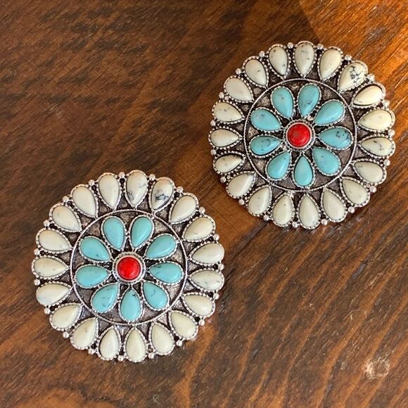 Western Concho Style Cluster Stud Earrings - Silver Tone with Turquoise Accents - Picture 1 of 9
